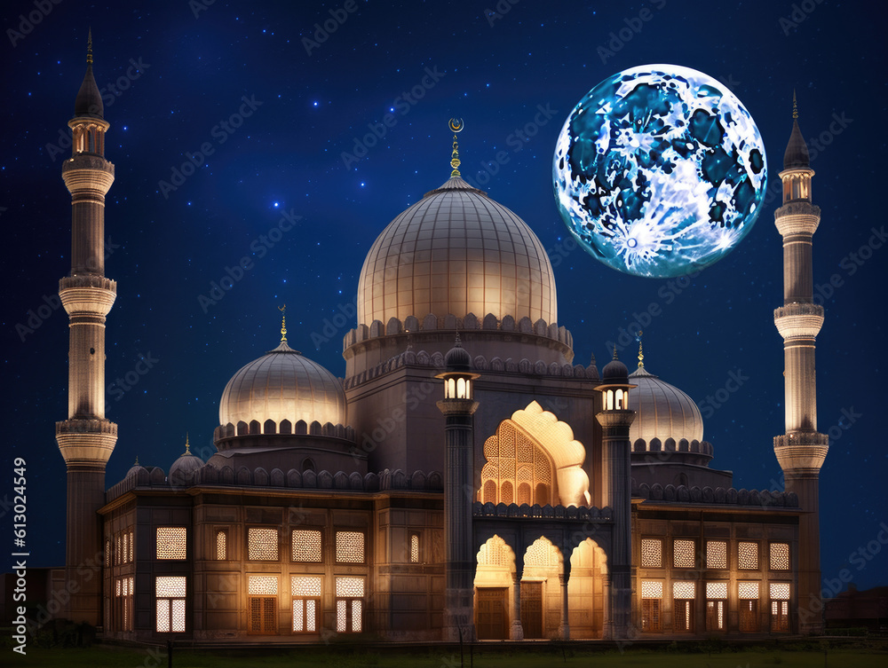 Nightfall's Glory: Embodied Serenity of an Illuminated Islamic Mosque