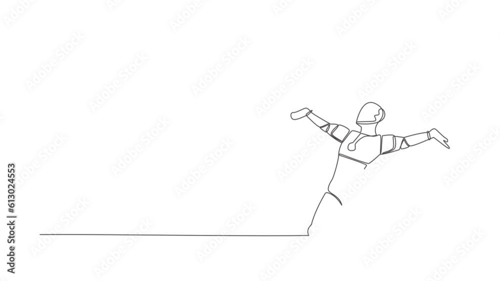 Animated self drawing of continuous line robot jumping with raised legs and spread arms. Future technology development. Artificial intelligence machine learning process. Full length one line animation Animated self drawing of continuous line robot jumping with raised legs and spread arms. Future technology development. Artificial intelligence machine learning process. Full length one line animation
