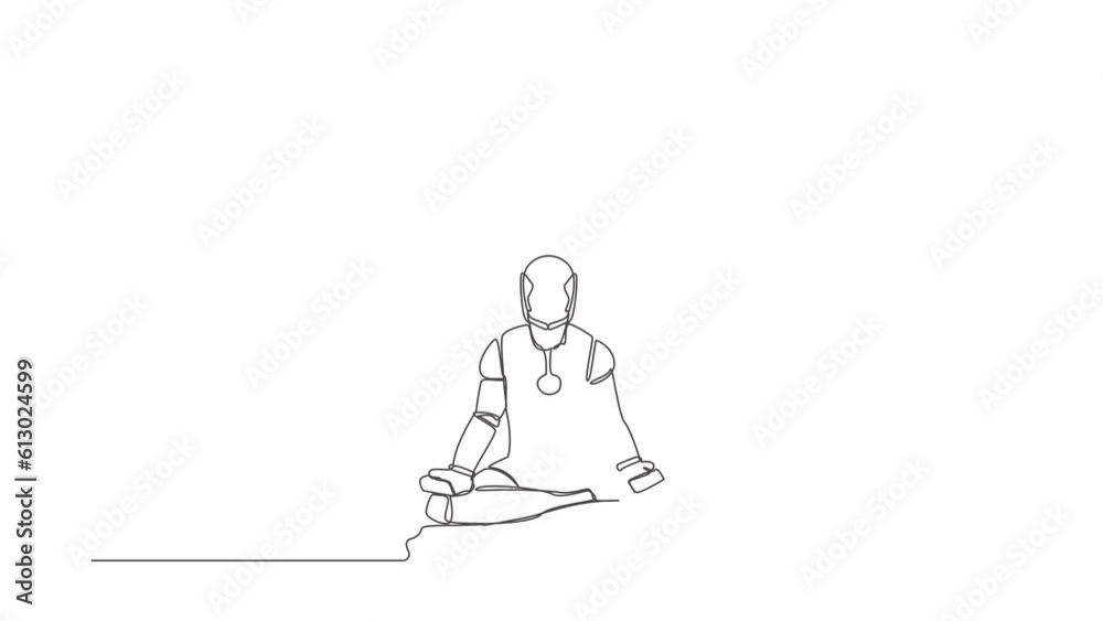 Self drawing animation of single line draw robot sitting with yoga pose, meditation. Relaxed robotic operation. Artificial intelligence. Technology industry. Continuous line draw. Full length animated Self drawing animation of single line draw robot sitting with yoga pose, meditation. Relaxed robotic operation. Artificial intelligence. Technology industry. Continuous line draw. Full length animated