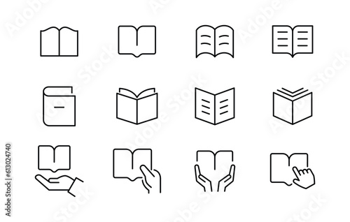 Book icons set editable stroke chooses open book line icon E-book, online library Hands hold book. Reading and hobbies. Self-education and study. Sheets with paper pages. giving the book icon