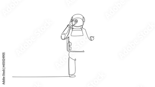 Wallpaper Mural Self drawing animation of single line draw astronaut standing with covering eyes with hands because of disgust, reluctance to see something. Cosmic galaxy space. Continuous line. Full length animated Torontodigital.ca