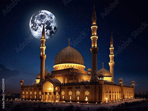 Celestial Radiance: Enthralling Panorama of an Islamic Mosque and Crescent Moon at Night © Sakura