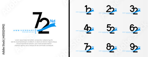 set of anniversary logo flat black color number and blue ribbon on white background for celebration