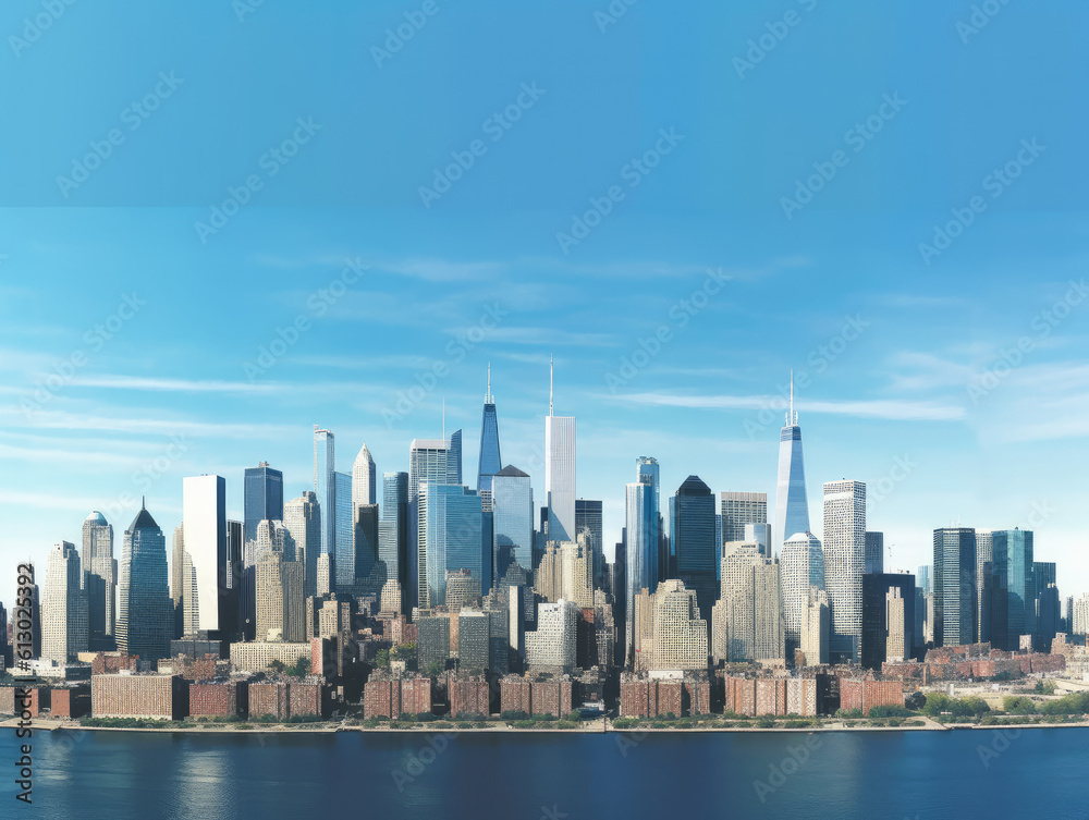 Skyline Symphony: Breathtaking Panoramic Shot of a Cityscape Against a Clear Blue Sky