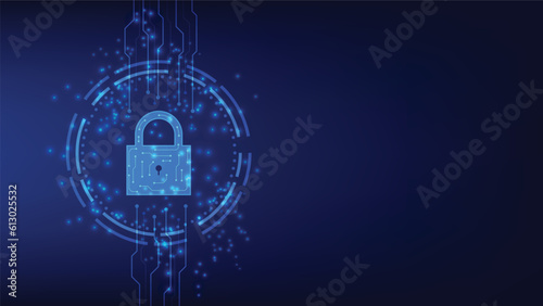 Foto digital padlock with virtual screen on dark background with copy space