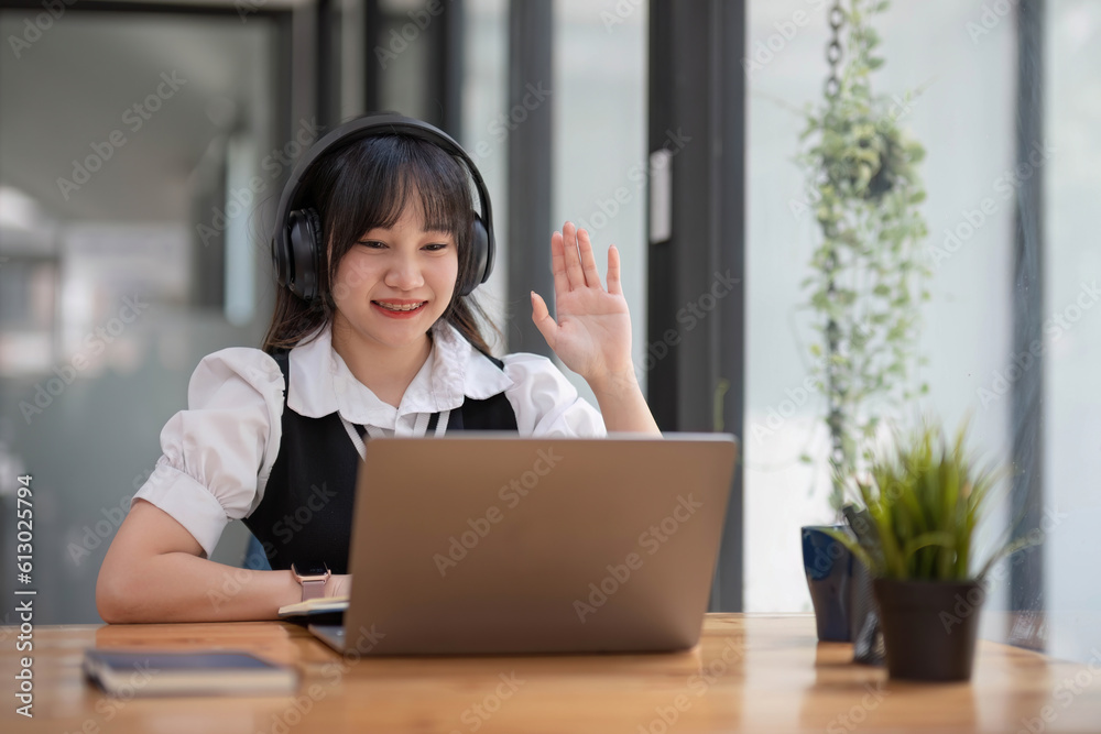 Asian girl student online learning class study online video call zoom teacher, Happy asian girl learn english language online with computer laptop... Asian girl student online learning class study online video call zoom teacher, Happy asian girl learn english language online with computer laptop...