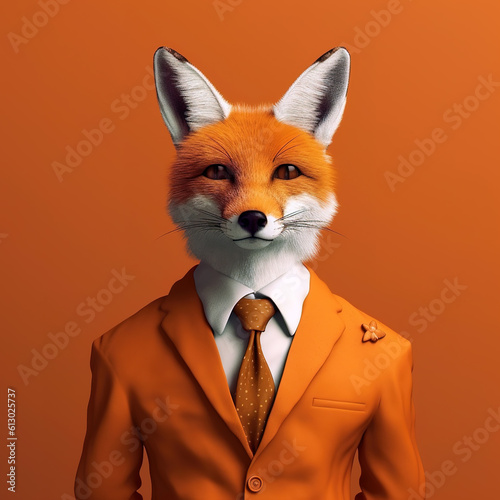 Image of a fox businessman wearing a suit on orange background. Wildlife Animals. Illustration, generative AI. © yod67