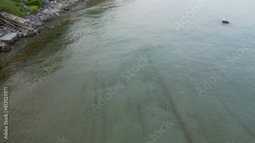 Aerial Drone View of Lake Ontario's Rocky Coast during Sunset hours (Cobourg, Ontario, Canada) photo