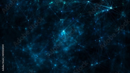 Stars and dots with streaks and lines building connected polygon systems in neuronal network. Blue shiny glowing 3D Illustration with selective focus and extreme depth of field on black background.