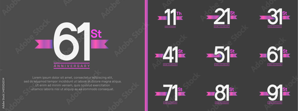 set of anniversary logo white color number and purple ribbon on black background for celebration set of anniversary logo white color number and purple ribbon on black background for celebration