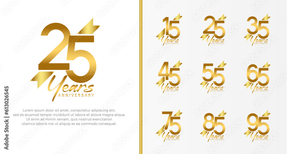 set of anniversary logo gold color number and golden ribbon on white background for celebration set of anniversary logo gold color number and golden ribbon on white background for celebration