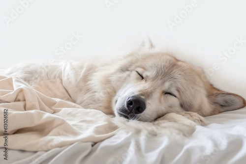 Wolf sleeps on a white blanket realistic photograph. Generative AI © wendi