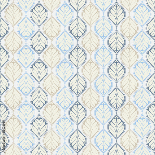 Seamless pattern with floral elements inspired by retro wallpaper designs in pastel colors.