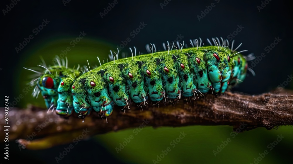 Green Caterpillar animal with perfect angel view and blur background