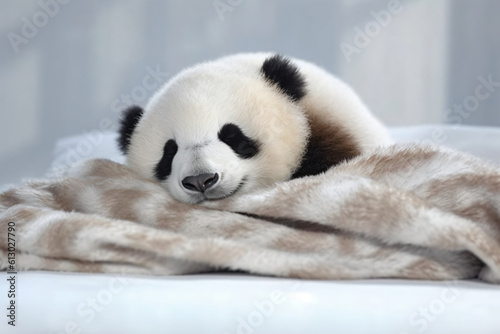 score Panda sleeps on a white blanket realistic photograpy. Generative AI photo