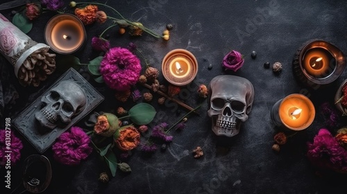 Design of skulls, candles and flowers on black background for Day of the Dead background