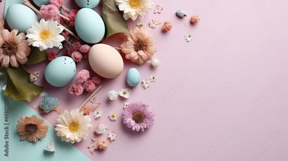 Top View of Happy Easter Day banner concept design of colorful eggs and flowers on pastel background