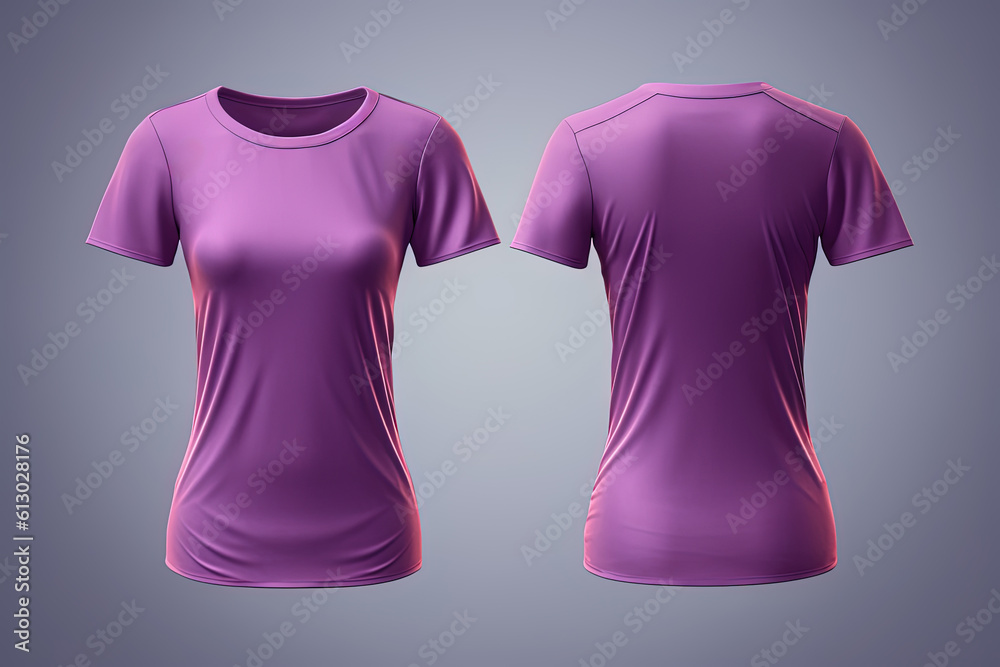 Purple female t-shirt realistic mockup set from front and back view, blank textile print design template for fashion apparel. Created with Generative AI Technology Purple female t-shirt realistic mockup set from front and back view, blank textile print design template for fashion apparel. Created with Generative AI Technology