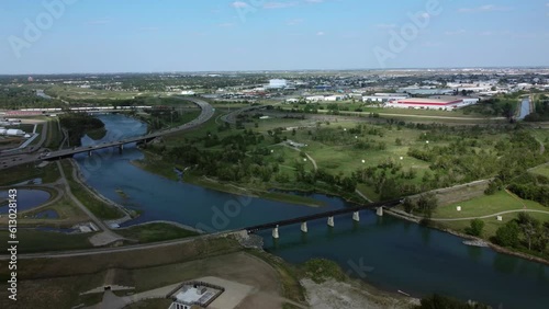 Scenic summer aerial footage of Calgary's Deerfoot highway and Bow River photo