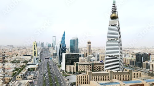 Drone hyperlapse of Al Faisaliah Tower in Riyadh city Saudi Arabia photo