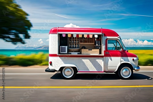 A cute 3D digital drawing of an ice cream, food truck. (AI-generated fictional illustration) 