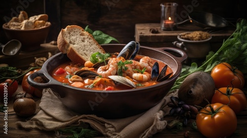 Close up Cioppino soup with clam meat on a black plate and blur background