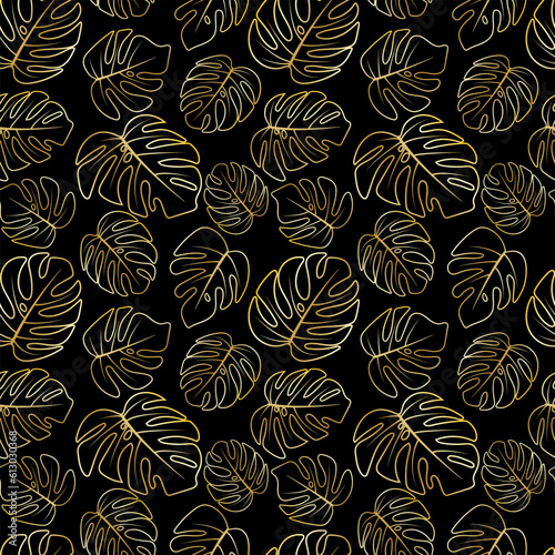 Vector golden tropical jungle leaves on white background seamless pattern. Philodendron or monstera backdrop for wallpaper, print, textile, fabric, wrapping. Floral pattern with monstera leaf.