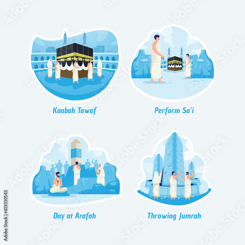 Flat design Islamic hajj pilgrimage illustration stickers set