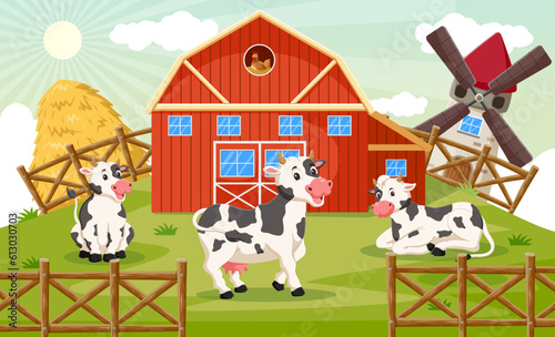 Cartoon of happy cows on the farm. Vector illustration