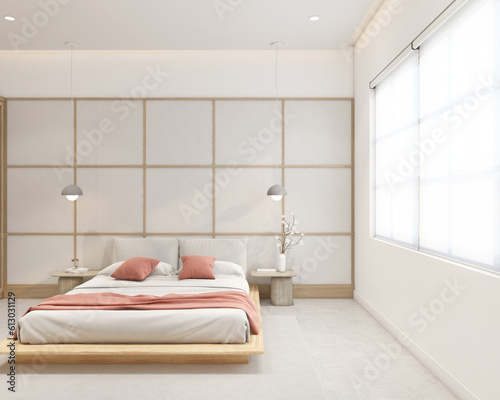 Modern japan style bedroom decorated with white cloth wall and minimalist bed, hanging lamp and bed side table. 3d rendering