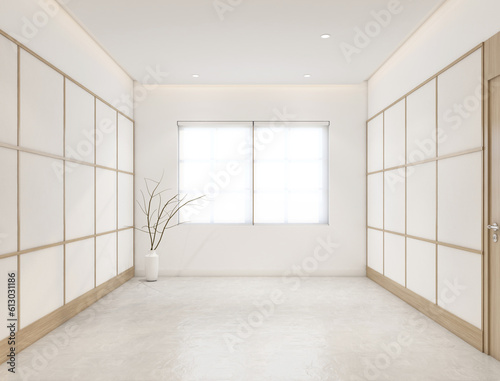 Modern japan style empty room decorated with white cloth wall and white vase flowers. 3d rendering