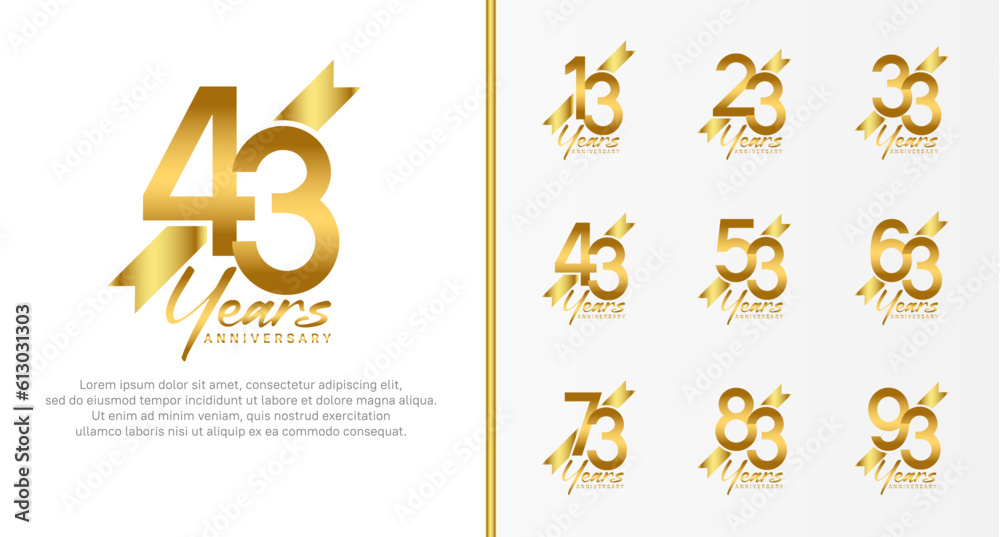 set of anniversary logo gold color number and golden ribbon on white background for celebration
