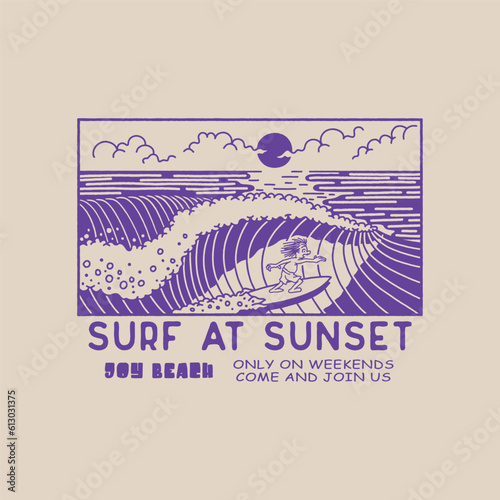 cartoon illustration surfing graphic  waves design sunset vintage tropical t shirt