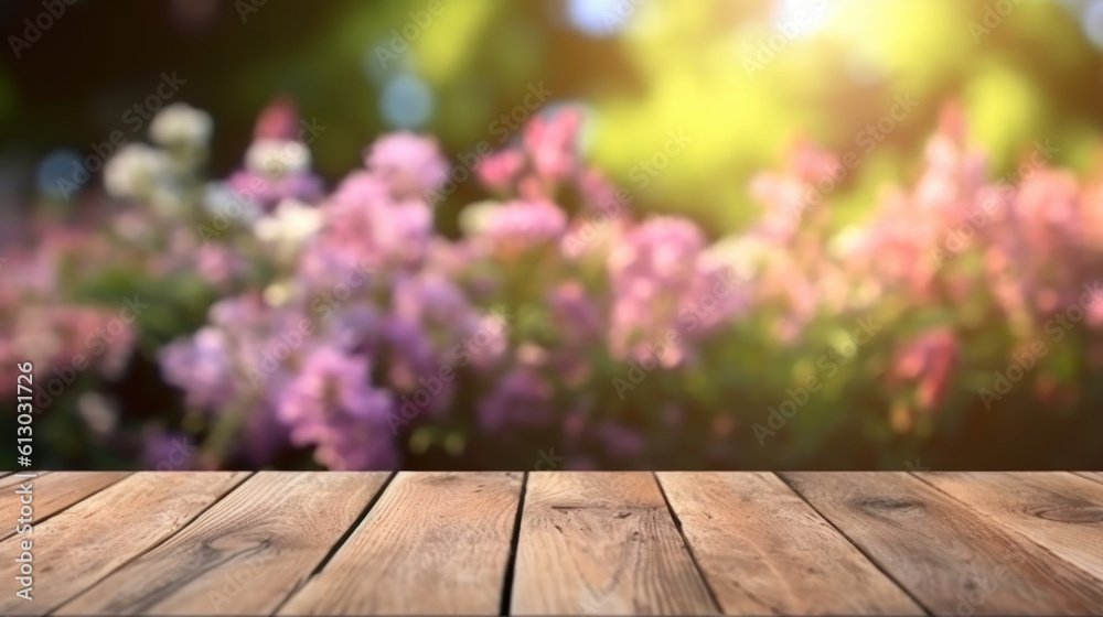 Wooden board empty table top and blur flower garden background Wooden board empty table top and blur flower garden background