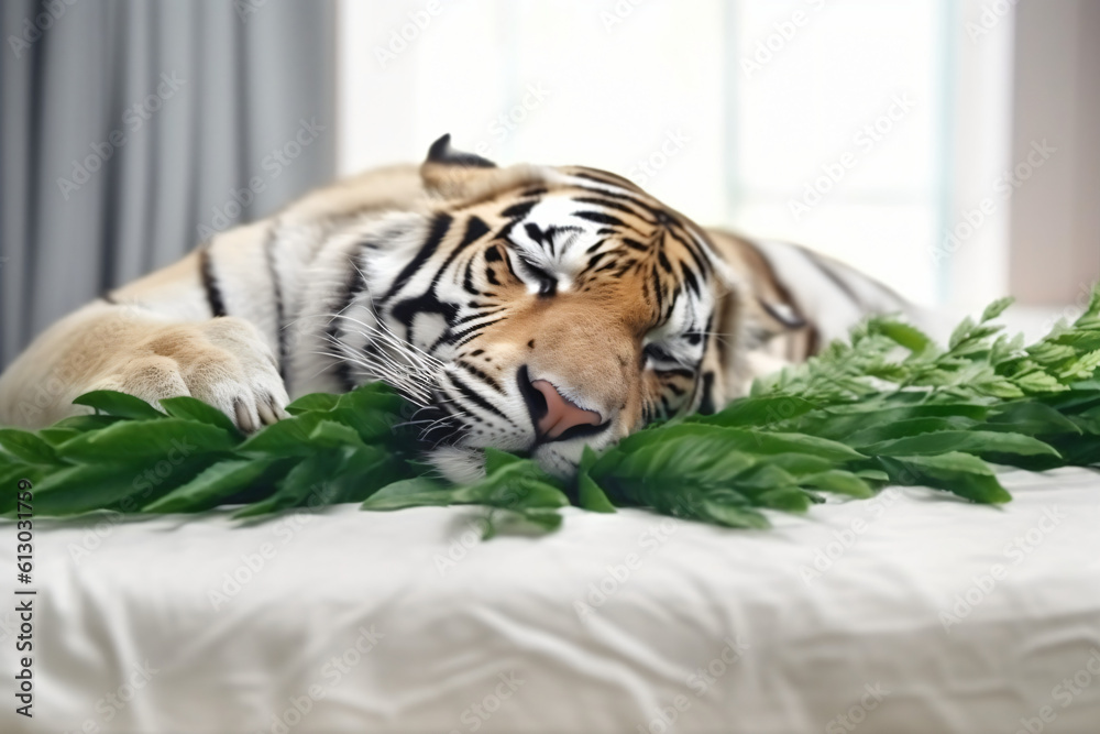 score Tiger sleeps on a white blanket realistic photograpy. Generative AI