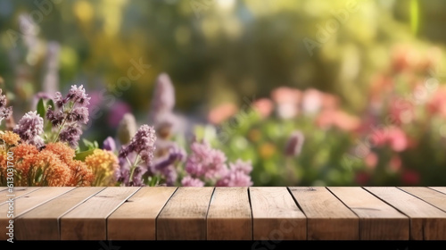 Wooden board empty table top and blur flower garden background  © tashechka