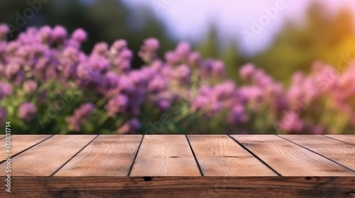 Wooden board empty table top and blur flower garden background 
