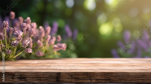 Wooden board empty table top and blur flower garden background 