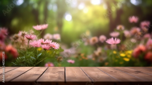 Wooden board empty table top and blur flower garden background 