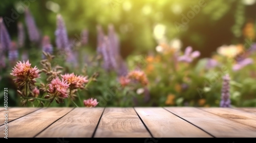 Wooden board empty table top and blur flower garden background 