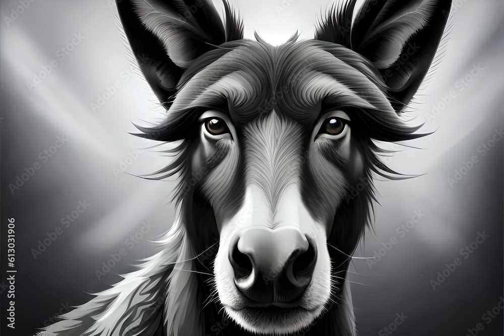 A black and white image of a cute donkey. (AI-generated fictional illustration)
