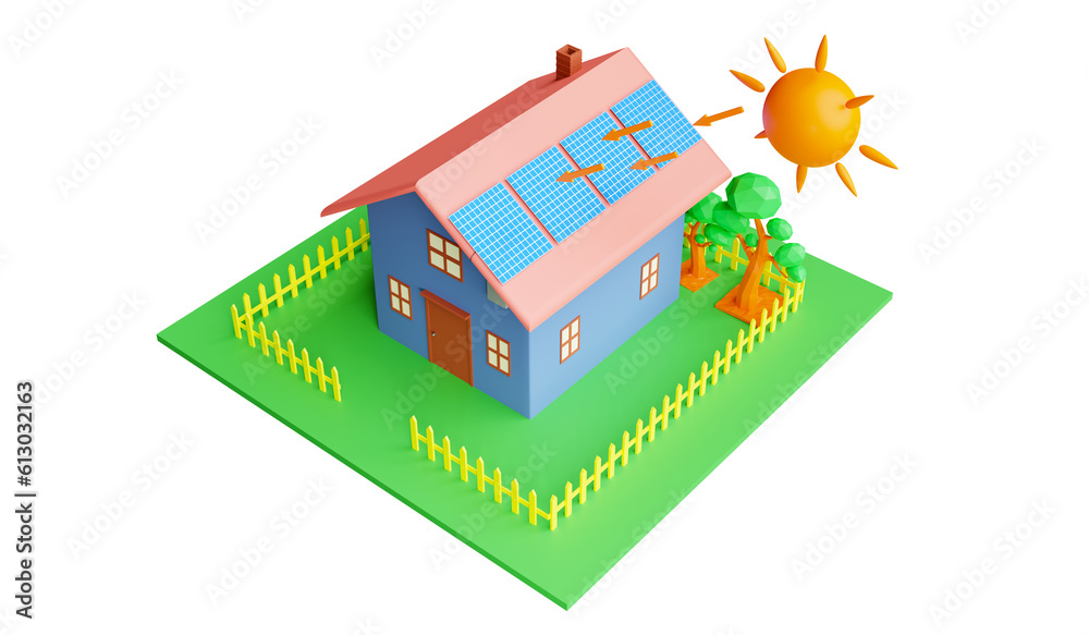 Naklejka premium 3d Rendering House with solar panels on the roof and sun illustration concept Helping to reduce global warming and cost savings transparency