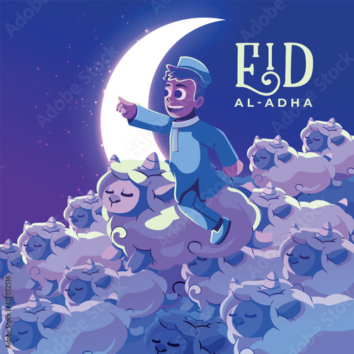 vector illustration. Muslim holiday Eid al-Adha. a Muslim leading a flock of sheep