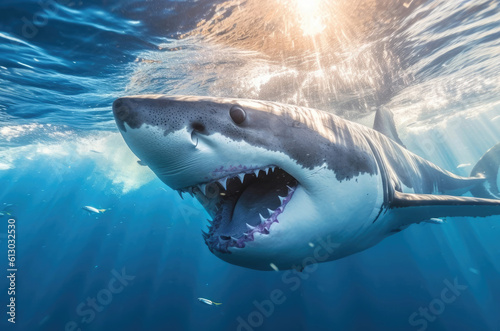 A great white shark swims in the Indian Ocean