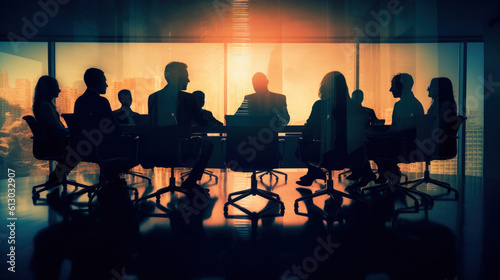 Several people at a table are gathered around a conference table. AI generation