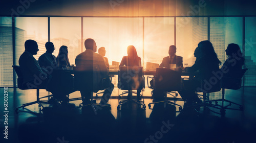 Several people at a table are gathered around a conference table. AI generation