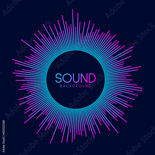 Circle sound wave visualization. Pixelated music player equalizer. Radial audio signal or vibration element. Voice recognition. Neon colors epicenter, target, radar, radio icon concept. Vector