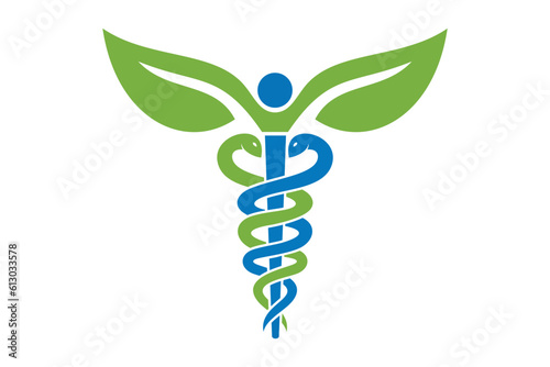 Leaf caduceus medical symbol, healthcare logo vector template