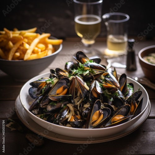 Belgium Moules-frites (Mussels and Fries) in a Lively Seafood Market Scene