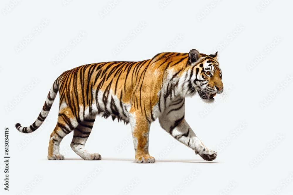 Tiger walking on white background. Generative AI technology.